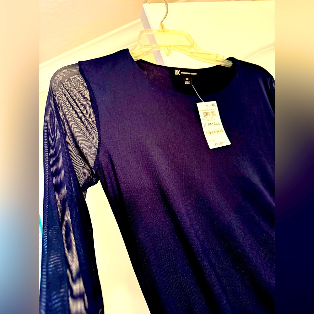 NWT: Sheer Mesh Sleeves Dark Navy Dress with Rushed Sheer Mesh bottom!